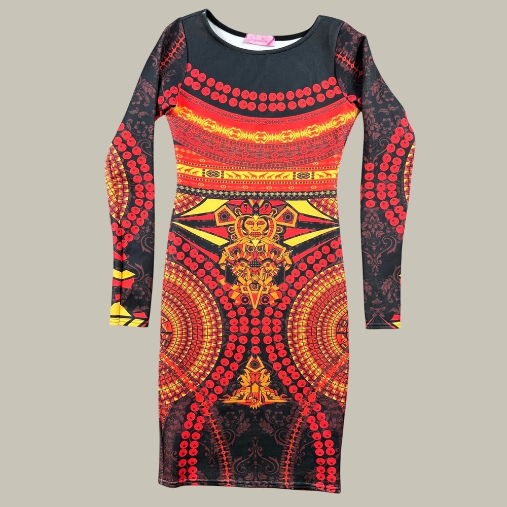Vintage Signature Bodycon Dress Womens 8 Aztec Tribal Graphic Long Sleeve Party
